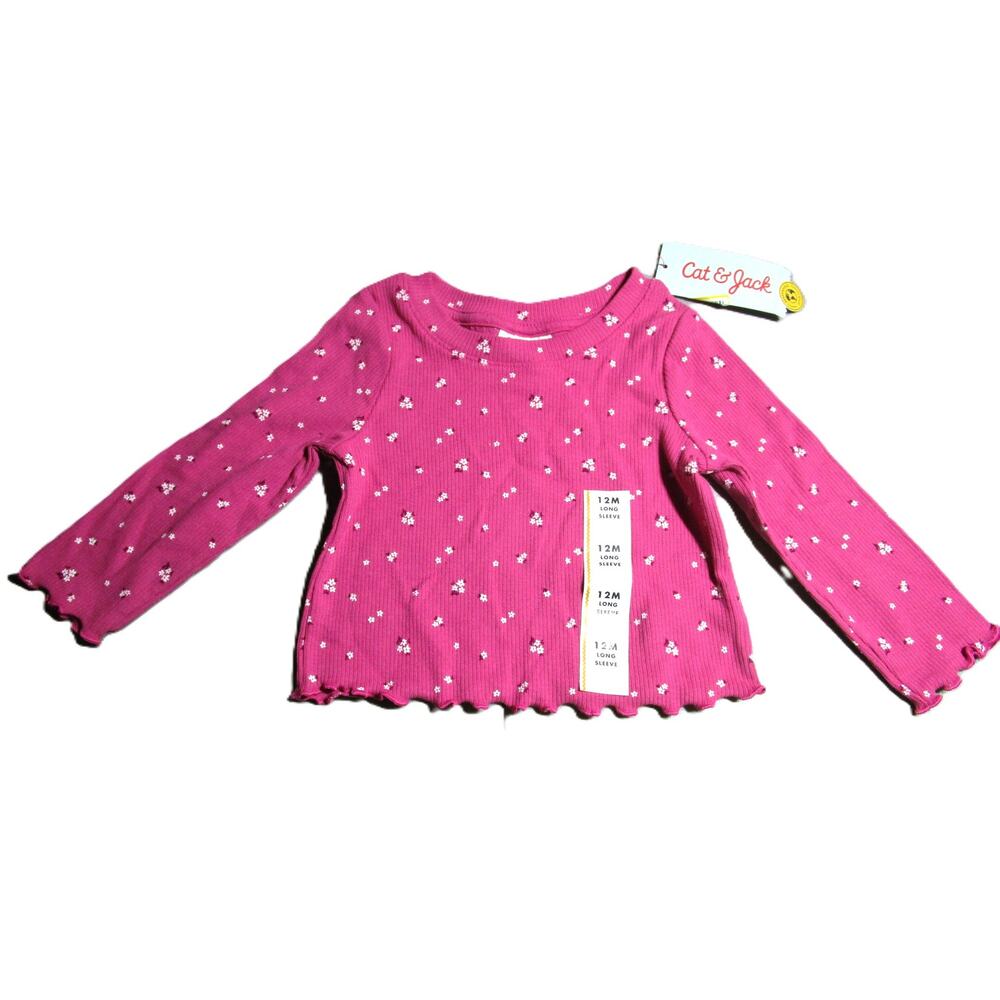 Cat & Jack Infant Girl's Pink Floral Ribbed Top Scalloped Trim Size 12 months